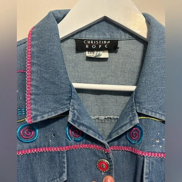 Blue Denim Jacket with Pink and Blue Embroidery - Picture 3 of 7